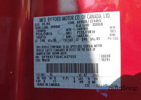 2004 Ford F-150 Heritage Classic from USA, damaged, VIN 2FTRX17204CA57555